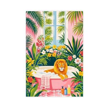 Imagem de Pôster em tela leão na banheira decoração de banheiro rosa tropical arte de parede animal engraçado impressão colorida para casa quarto escritório dormitório sala de estar decoração Unframe 12 x 18
