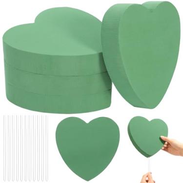 Imagem de Pangda Dia dos Namorados 6 peças gaiola de espuma de flor em forma de coração verde molhado florista blocos de espuma com 12 peças de estacas de suporte de plantas transparentes para casamento, faça