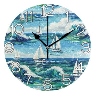 Imagem de GAIGEO Relógio de parede analógico decorativo para quarto e cozinha, redondo, sem tique-taque, silencioso, arte de parede, decoração de casa, ondas em aquarela, veleiros, mar, 25 cm, ponteiros pretos
