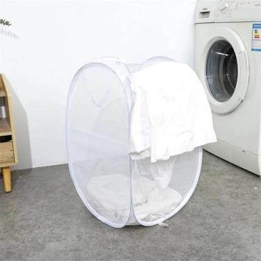 Imagem de 1 cesto de roupa suja dobrável de malha com alça – cesto de roupas dobrável, rosa pastel/roxo, caixa de armazenamento de tecido durável para quarto, dormitório, organizador de roupas e roupa de cama