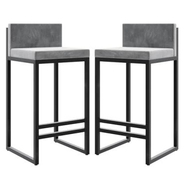 Imagem de Banquetas de veludo com altura para balcão com apoio para os pés nas costas para cozinha, banquetas modernas de metal, cadeiras de bar estofadas, bancos de ilha - cinza, 2 peças, 65 cm de altura