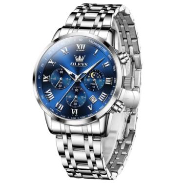 Imagem de OLEVS Relógio masculino cronógrafo de aço inoxidável, numerais romanos, data, analógico, quartzo, relógio de pulso masculino moderno, multifuncional, impermeável, luminoso, ponteiros, 02 mostrador