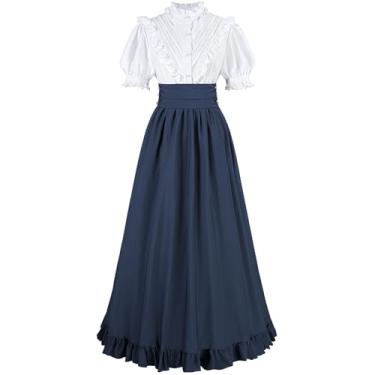Imagem de FCCAM Vestido Vitoriano Azul para Mulheres Manga Curta Vestido Eduardiano 1800 Vestido de Baile Fantasia Renascentista GG