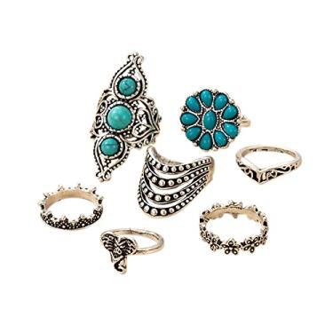 Imagem de Fuqimanman2020 Conjunto de anéis geométricos geométricos ovais boêmios ocidentais turquesa oval com pedras preciosas esculpidas para mulheres e meninas, férias, praia, verão, boho, joias, Pedra Cristal pedra preciosa, Turquesa