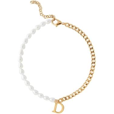 Imagem de Wellike Colar de corrente de meia pérola, meia Cuba, com iniciais, aço inoxidável, PVD, pingente de ouro 18K, gargantilha grossa de ouro com caixa de presente, Standard, Aço inoxidável, Pérola de