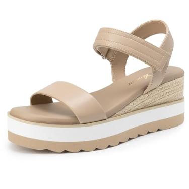 Imagem de Athlefit Sandálias femininas tipo espadrille, bico aberto, tira no tornozelo, salto baixo, plataforma, para o verão, Nude., 36