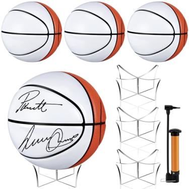 Imagem de Hiboom Conjunto de 4 autógrafos de basquete com suporte de bola de acrílico para operação painel de autógrafos de assinatura de Natal em branco oficial para presentes de treinador de faculdade do
