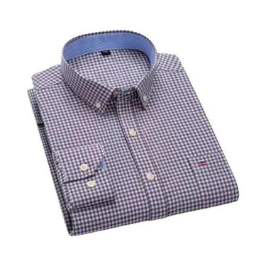 Imagem de Camisa Masculina De Manga Longa 100% Algodão Com Estampa Xadrez, Botão