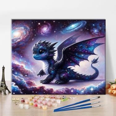 Imagem de Tinta de dragão por números para adultos iniciantes, galáxia roxa dragão voador kits de pintura por números em tela, pintura fácil de acrílico DIY por números para decoração de parede de casa (sem