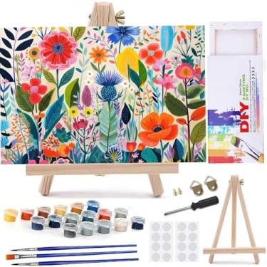 Imagem de MaiMMaledy Kit de pintura por números para adultos iniciantes imagens em tela com desenho emoldurado, pigmento acrílico com cavalete de triângulo de madeira, pintura a óleo colorida, flores 20 x 30 cm