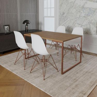 Imagem de Mesa Industrial Base Ferro Cobre Tampo 137X90 Amêndoa 4 Cadeiras Ferro Cobre Assento Branco Marrom