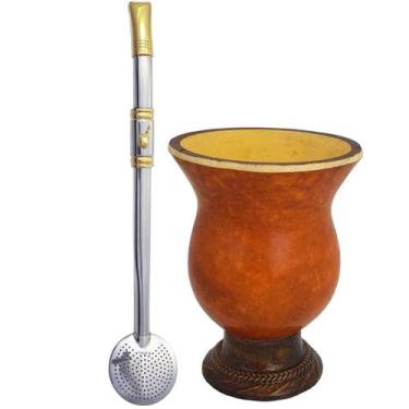 Imagem de Kit Bomba Chimarrão Inox e Ouro 18k e Cuia de Chimarrão Porongo Tererê