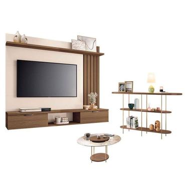 Imagem de Painel Suspenso Lets Castanho Off White com Mesa de Centro Sky e tampo de Vidro e Aparador Infinity Castanho - HB Móveis