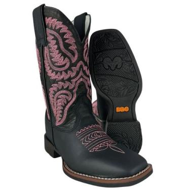 Imagem de Bota Texana Feminina Durango Preta Bordado Rosa Solado Flex Bico Quadr