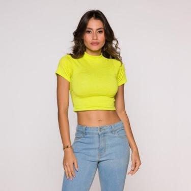 Imagem de Blusa Cropped Gola Alta Manga Curta - Croppeds Store, G, Verde, Flúor