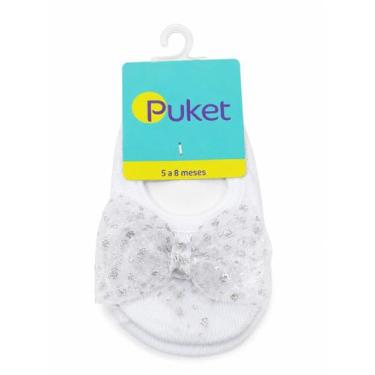 Imagem de Meia sapatilha festa Puket bebê laço branca e prata, Branco, 5 a 8 mes