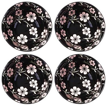 Imagem de Conjunto de 4 tigelas de arroz estilo japonês da Whitenesser, tigelas de arroz de cerâmica para sopa de cereais e aveia, Black Sakura, 4