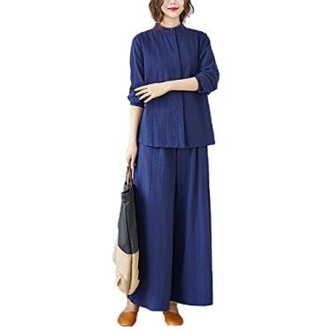 Imagem de Yajun Tradicional Chinês Tang Terno Camisa de Linho Feminino Kung Fu Uniforme Respirável Confortável 2 Pçs Top Calça de Yoga Roupas Tai Chi, Azul, G (Busto: 102cm)