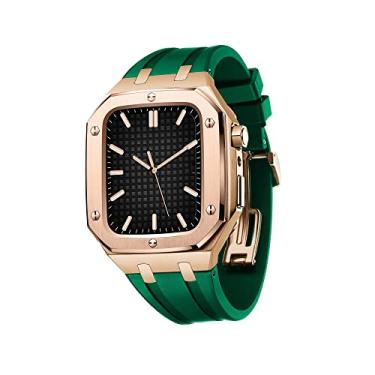 Imagem de KANUZ Capa protetora de cobertura total para pulseira de relógio Apple 45mm 44mm homens mulheres capa protetora de metal com pulseira de silicone à prova de choque choque (cor: verde