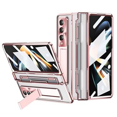 Imagem de Dobradiça de nivelamento transparente para Samsung Galaxy Z Fold 4 Fold 3 5G Case Stand Protection Cover Fundas com vidro de tela frontal, rosa, para Galaxy Z Fold 3