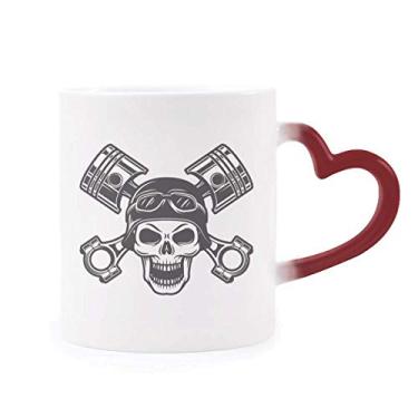 Imagem de Esqueleto luzes de motocicleta óculos padrão sensível ao calor caneca vermelha muda de cor grés