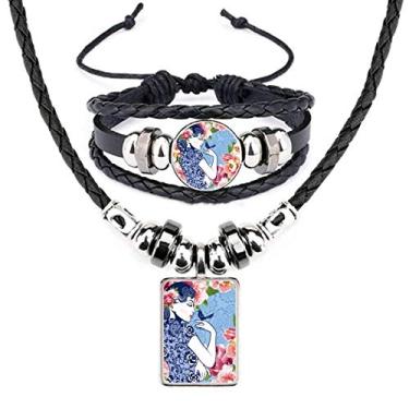 Imagem de Conjunto de joias de pulseira de couro feminina flor pássaro da cultura chinesa