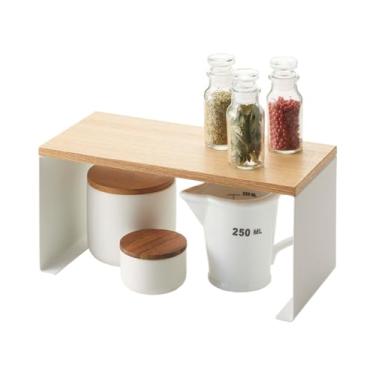 Imagem de YAMAZAKI Home Rack de cozinha empilhável com tampo de madeira - Organizador moderno de prateleira de balcão, branco
