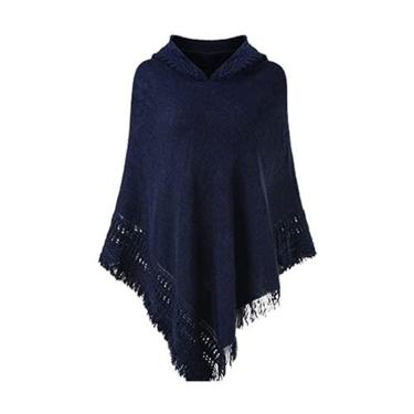Imagem de Mulheres De Inverno Malha Encapuzado Poncho Capa Crochê Franja tassel shawl wrap suéter - Azul Marinho