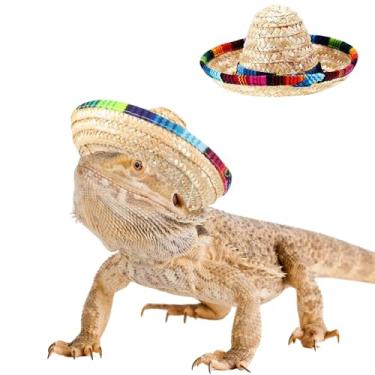 Imagem de Pacote com 2 chapéus sombrero de dragão barbudo - chapéu de palha de lagarto cinco de maio com alça de queixo ajustável, acessórios para fantasia mexicana de animal de estimação pequeno para réptil,