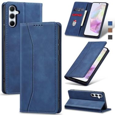 Imagem de Jasonyu Flip Carteira Capa para Samsung Galaxy A35,Capinha Folio Magnética de Couro com Suporte para Cartão,Suporte para Chute - Protetora Durável de TPU à Prova de Choque para Telefone,Azul