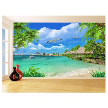 Imagem de Papel De Parede 3D Praia Mar Coqueiros Céu Azul 3,5M Npr331