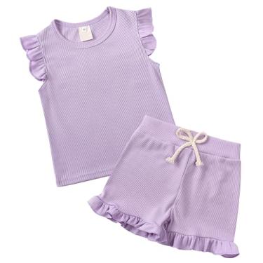 Imagem de SEAUR Conjunto de camiseta e calça de manga curta para meninas com nervuras, camiseta e calça de perna larga, conjunto de 2 peças, c - Roxo, 3-4 Anos