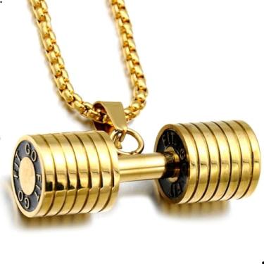 Imagem de Colar Cordão Masculino Pingente Haltere Aço Inoxidável Fitness Peso Anilha Academia Correntinha de Ouro Prata (Dourado, 70cm)
