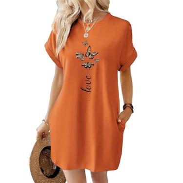 Imagem de NWFZCCP Vestidos de camiseta para mulheres, túnica longa feminina casual de verão com bolsos 2024, Borboleta laranja, P