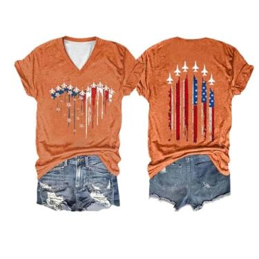 Imagem de Camiseta feminina de 4 de julho com bandeira dos EUA, Dia da Independência, túnica com estampa de coração patriótico, blusa de manga curta e gola V, Laranja, XXG