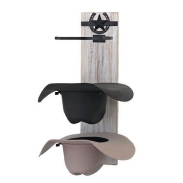 Imagem de Ryker Ranch Suporte de chapéu de cowboy para parede | Suporte de chapéu ocidental para chapéus de caubói | Suporte de chapéu de cowboy branco rústico de madeira e metal para parede | Cabide de chapéu