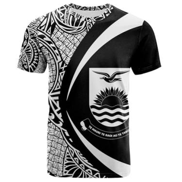 Imagem de Camiseta Masculina com Estampa 3D Engraçada e Legal - Brasão de Armas de Kiribati e Lauhala Circle(Black White,S)