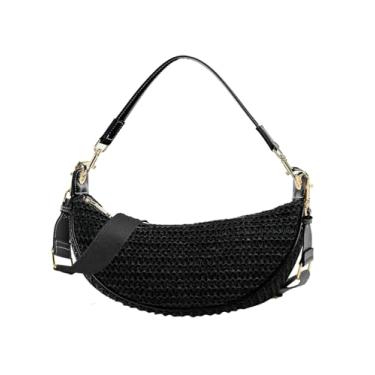Imagem de Bolsas transversais de palha para mulheres, bolsa Hobo de tecido de praia, bolsas de ombro crescente chiques de verão com alça ajustável 2024, Preto