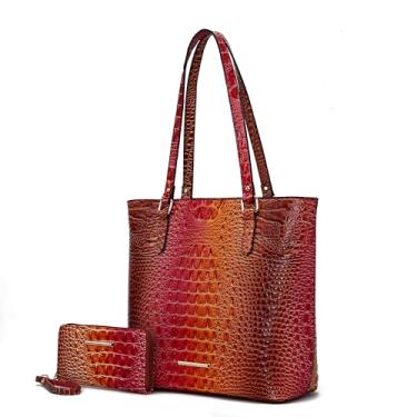 Imagem de MKF Collection Bolsa feminina com carteira, bolsa de mão de couro vegano em relevo de crocodilo arco-íris gradiente da Mia K, Vermelho Vermelho Laranja, Large