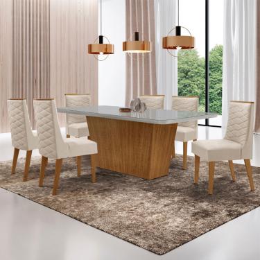 Imagem de Mesa para Sala de Jantar Aida 180cm MDF Canto Copo com Vidro e 6 Cadeiras Safira - Veludo Creme/Off White/Imbuia