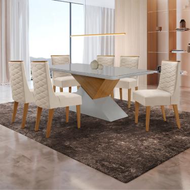 Imagem de Mesa para Sala de Jantar Aster 180cm MDF Canto Copo com Vidro e 6 Cadeiras Safira - Veludo Creme/Off White/Imbuia