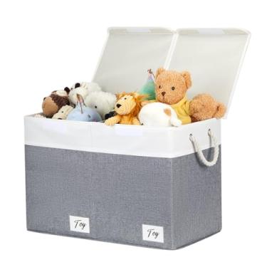 Imagem de HNZIGE Baú de Brinquedo Dobrável com Tampa, Caixa de Brinquedos Extra Grande com Alças e Bolso de Etiqueta para Roupas, Cobertor, Berçário (Branco e Cinza), 62 cm x 33 cm x 40 cm
