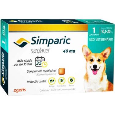 Imagem de Antipulgas Zoetis Simparic 40 Mg para Cães 10,1 A 20 Kg - 1 Comprimido