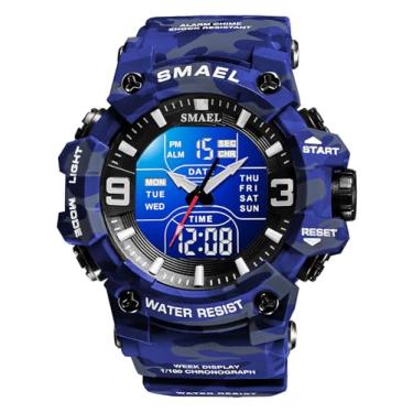 Imagem de FANMIS Relógio masculino analógico digital para esportes ao ar livre, militar, multifunções, LED, eletrônico, grande, com visor duplo, luminoso, à prova d'água, Camuflagem azul