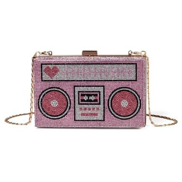 Imagem de Renabro Bolsa tiracolo feminina retrô em formato de rádio, strass, metal, vintage, para noite, Coração rosa