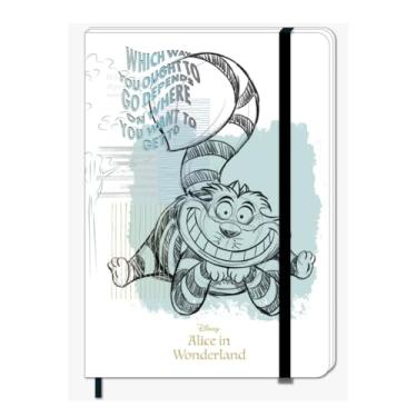 Imagem de Caderneta A5 Gato Alice in Wonderland, 96 Folhas Pautadas, Capa Branca Textura Emborrachada, Fechamento com Elástico, Marcador de Página em Fita de Cetim, Estilo Brochura, Ideal para Anotações. - Pé de Lápis