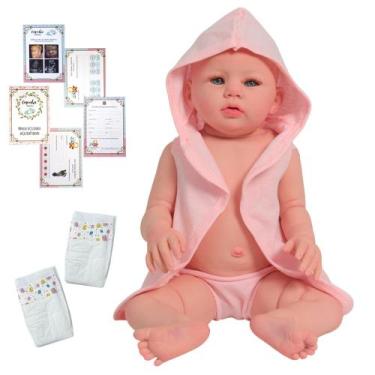 Imagem de Bebê Reborn Menina Recém Nascida Olhos Azuis Roupão Rosa - Cegonha Reb