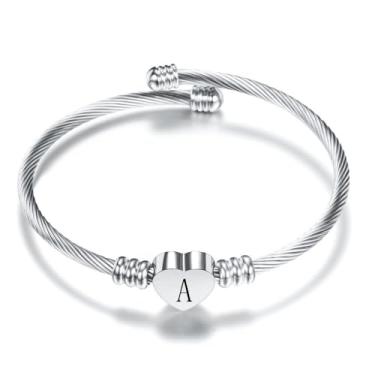 Imagem de BlingNuts Pulseira de prata com iniciais de coração de aço inoxidável A-Z gravada joia feminina para aniversário e Natal, F, Aço inoxidável, Sem Pedra Preciosa