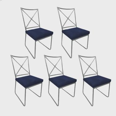 Imagem de Kit 05 Cadeiras Sala de Jantar Escritório Office Clark Industrial Ferro Prata Suede Azul Marinho - Ahz Móveis