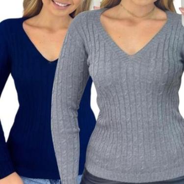 Imagem de Kit 2 Blusas Femininas Industrie Suéter Malha Tricô Marinho e Chumbo Manga Longa Tamanho:Único;Cor:-Feminino